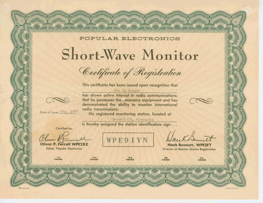 WPE9IYN Shortwave Certificate