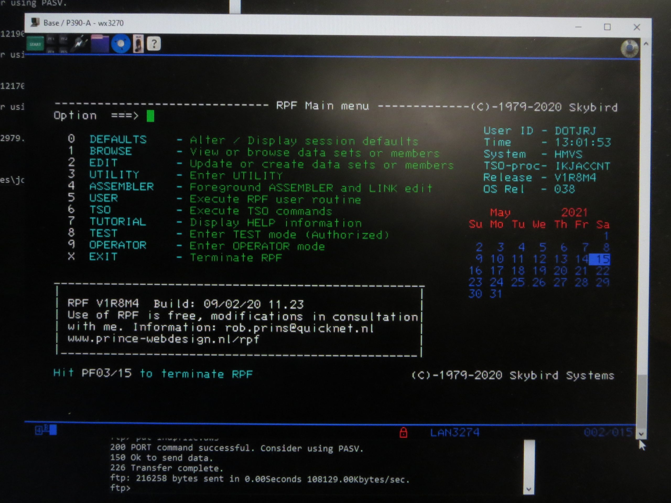 AMD 1.33 GHz Athlon PC IBM P/390E MVS 3.8j TSO with RPF on Windows 10 PC
