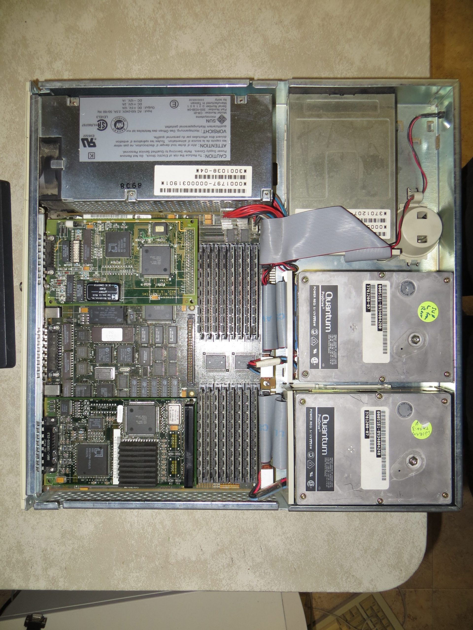 Inside the Sparcstation 1 Showing two defunct Quantum Hard Drives