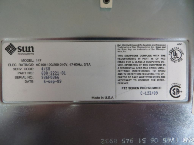Here is the machine serial number and other manufacturing info.  Note the model is 4/60 - the other name for the Sparcstation 1.