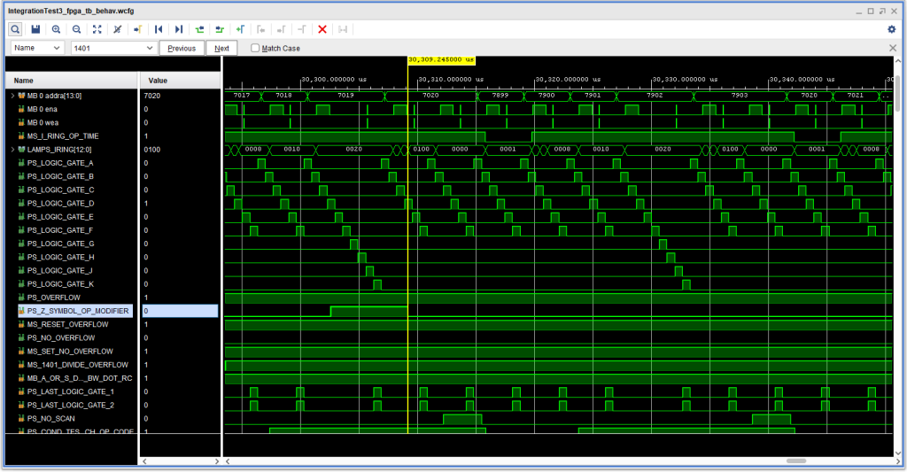 Simulation trace showing the reset of the Op Modifier register during I8 time during readout of an unconditional branch instruction.